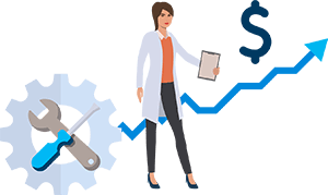 Illustration of a woman holding a clip board with a graph going up behind her.