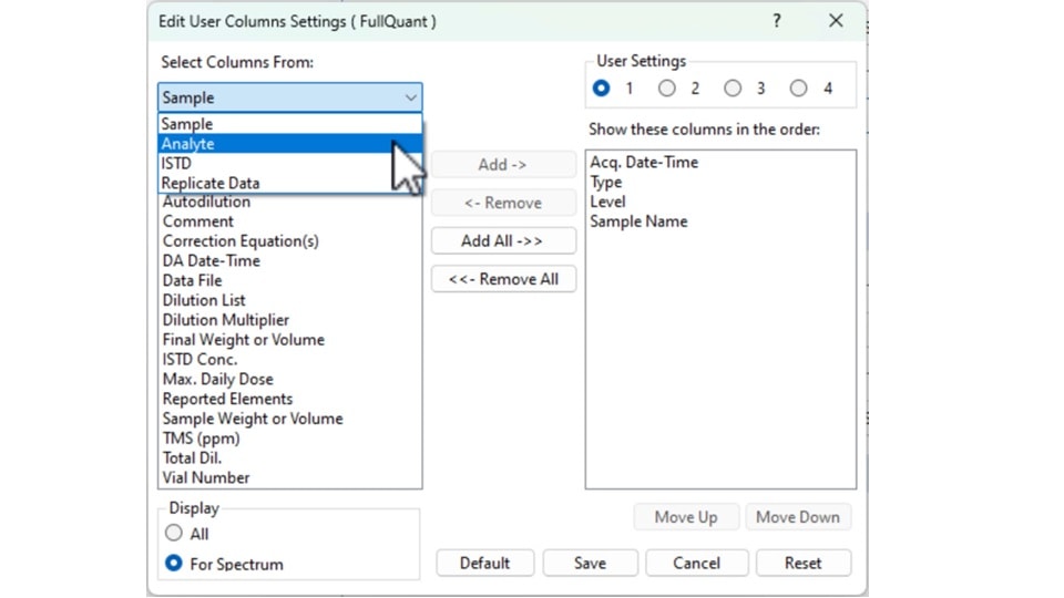 ICP-MS MassHunter user settings dialogue showing a selection of presets that can be used either for different purposes or by different users.