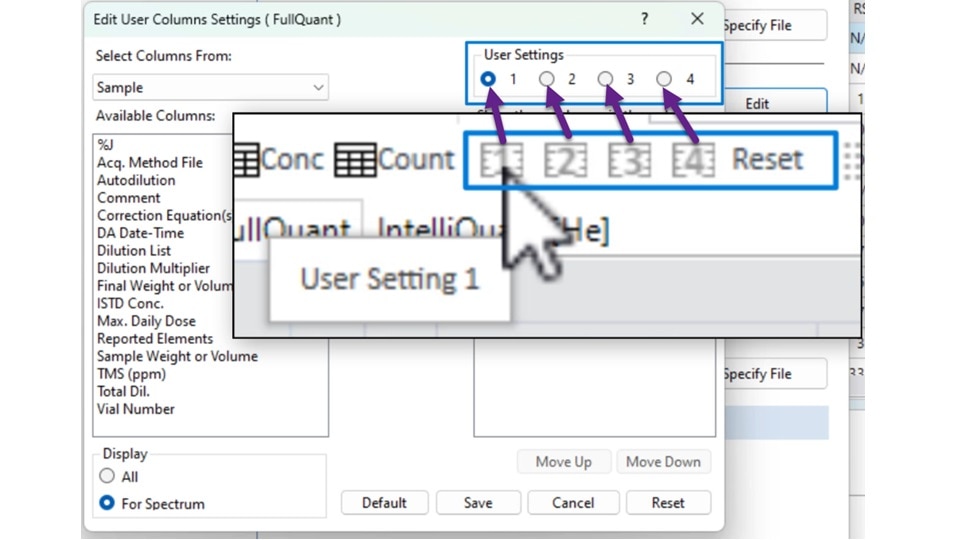 ICP-MS MassHunter user settings dialogue showing a selection of presets that can be used either for different purposes or by different users.