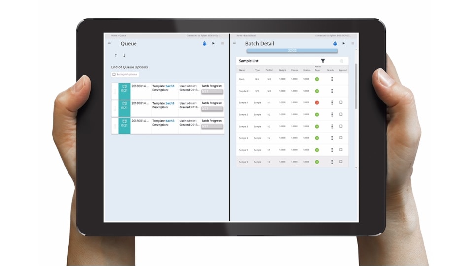 Tablet computer held in two hands showing ICP Go remote instrument access software image