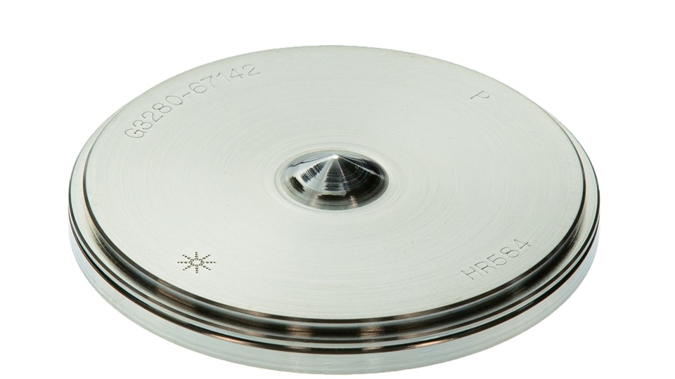 Nickel-plated base conical sampling cone with a platinum tip and engraved text. The metallic, polished finish gives a sense of precision engineering.