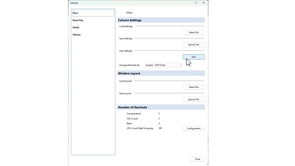 ICP-MS MassHunter user settings dialogue showing a selection of presets that can be used either for different purposes or by different users.