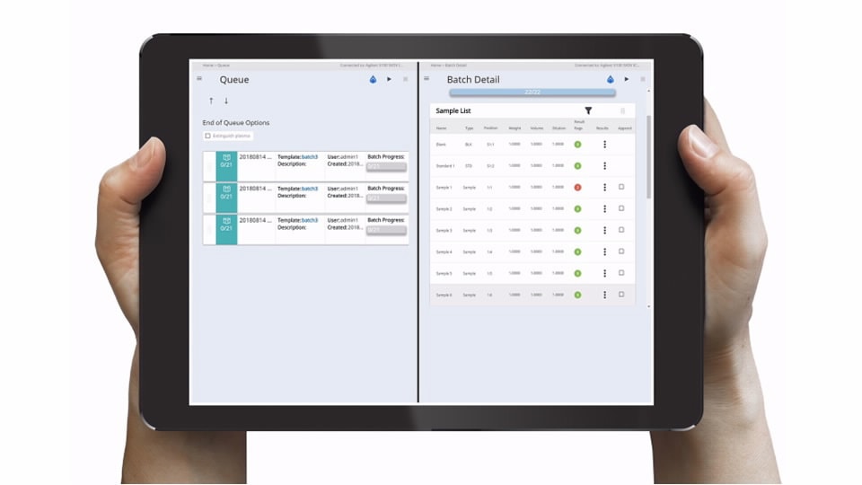 Tablet computer held in two hands showing ICP Go remote instrument access software.