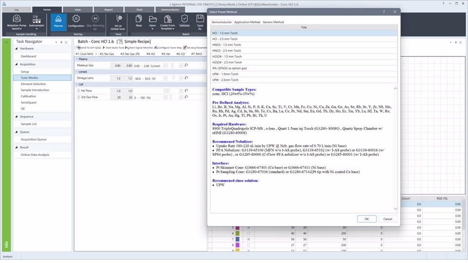 A software interface displaying a detailed configuration screen with task navigation on the left and a settings window in the center. Various data fields and options for gas flow and sampling types are visible, indicating equipment configuration for scientific analysis. The layout is structured and technical, conveying a professional, analytical tone.