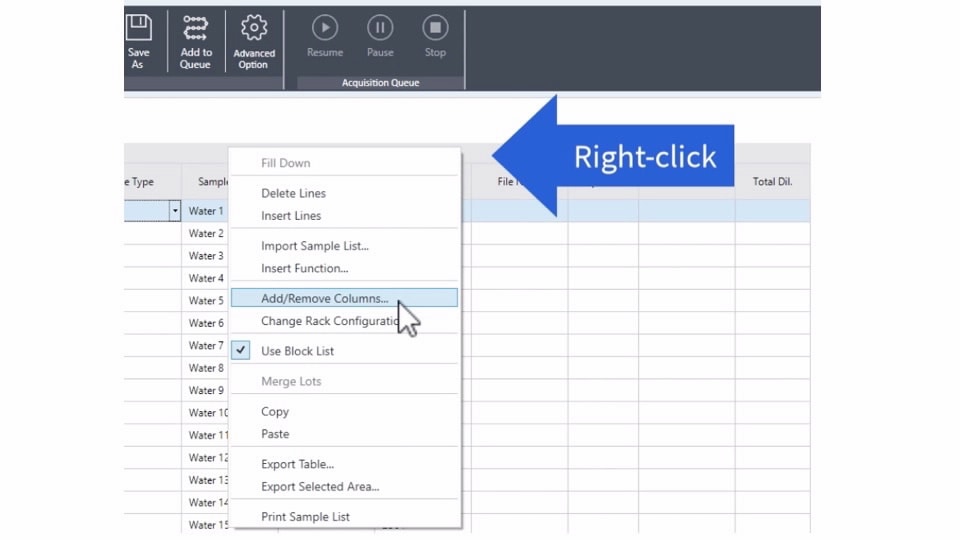 Screenshot of a software interface showing a dropdown menu, accessed by right-clicking. An arrow labeled 