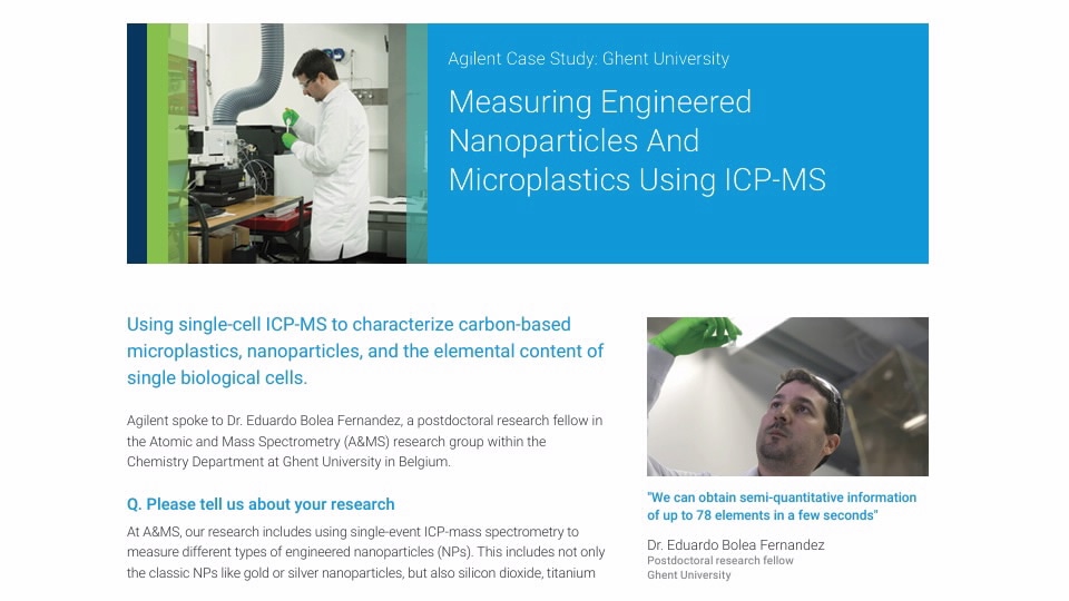 An image depicts a scientist in a lab coat using an inuctively coupled plasma mass spectrometer. Text discusses measuring nanoparticles at Ghent University.